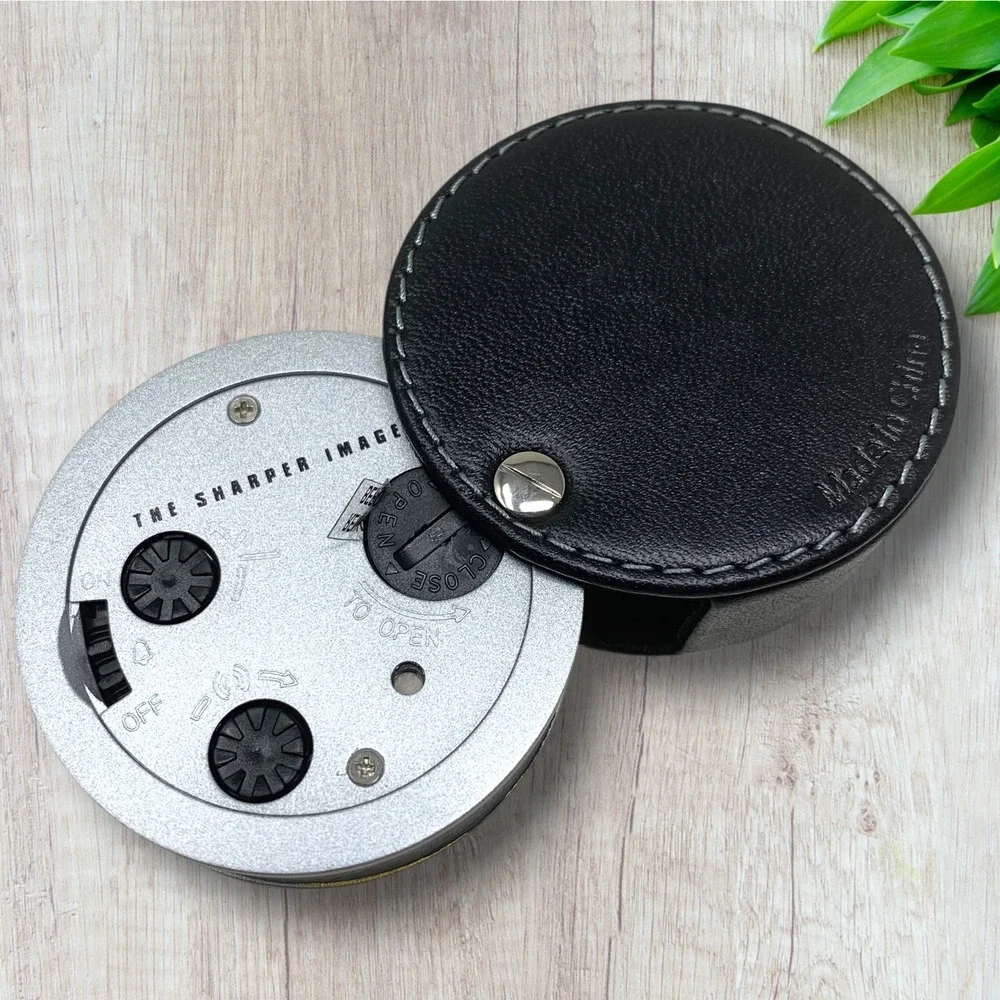 NEW Sharper Image Leather Travel Alarm Clock Black Folding Case Quartz Portable